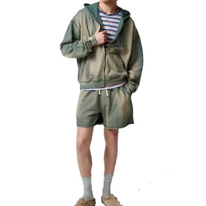 Ensemble décontracté pour homme : sweat à capuche en coton de couleur unie, short bermuda respirant à cordon de serrage et veste zippée - Product Image 1