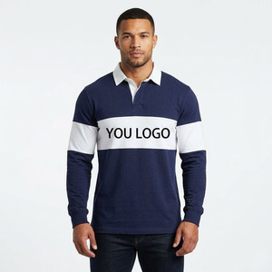 Men's <b>Long</b> <b>Sleeve</b> Color Blocked <b>Polo</b> <b>Shirt</b> With Front Logo Print Breathable Knitted Cotton Casual Style - Product Image 1