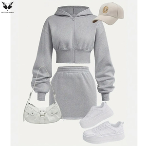 2 Pcs Casual Outfits <b>Set</b>, In Gray Color Cotton French Terry Soft Zipper Hooded Pullover Top and High Waist Long Skirt <b>Set</b> - Product Image 3