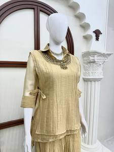 Conjunto de Traje Indio Pakistaní para Mujer, Top Beige de Mezcla de Lino y Pantalones Anchos con Cuello Bordado, Ropa Casual para Festivales - Product Image 6