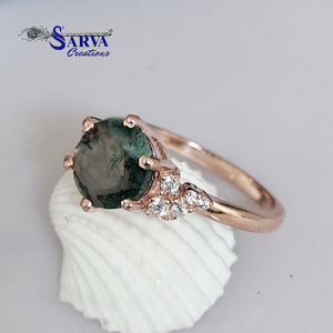 Anillo de Lujo con Ágata Musgosa Natural, Corte Redondo, con Detalles de Circonia Cúbica, Plata de Ley 925, Anillo de Compromiso, Boda, Fiesta para Mujer - Product Image 5
