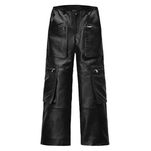 <b>Men's</b> Genuine <b>Leather</b> Eco-Friendly PU Coated Moto Biker Style High Waist Straight Cargo Baggy Pocket Summer <b>Trousers</b> - Product Image 1