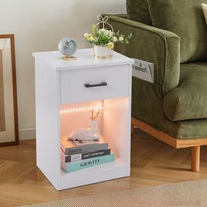 Comodino in truciolato bianco con LED, 1 cassetto e presa, 40x35x60cm - Product Image 2