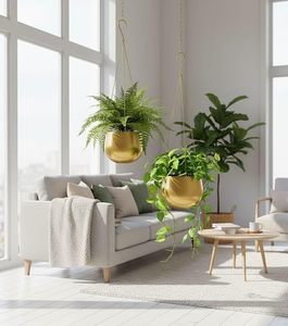 Pots de fleurs suspendus modernes en métal doré, design minimaliste pour plantes vertes d'intérieur - Product Image 5