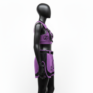 Ensemble shorty femme en coton, polyester et élasthanne GSM de qualité supérieure, avec empiècements en maille violet et noir, imprimé en relief et logo personnalisé - Product Image 3