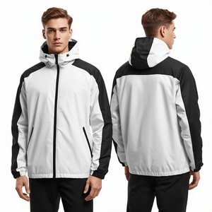 Veste coupe-vent légère pour homme de qualité supérieure, blanche, moderne, à capuche, en nylon, avec empiècements contrastés - Product Image 1