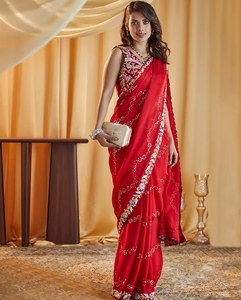 KV <b>Red</b> Embroidered Designer Saree With Unstitched <b>Blouse</b> - Product Image 1