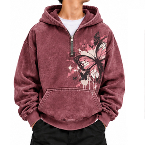 Mens Boxy Fit Acid Washed Quarter Zip Hoodie Wholesale Manufacturer Custom <b>Bulk</b> Apparel Cotton Fleece French <b>Terry</b> Drop Shoulder - Product Image 1
