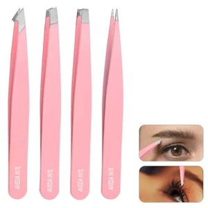 Juego de 4 Pinzas de Acero Inoxidable Personalizadas para Cejas y Pestañas, con Punta Inclinada, Precisión, Estuche Portátil, Belleza - Product Image 4