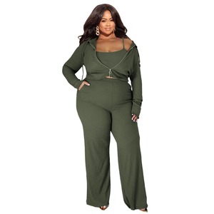 Autumn Women's Casual Tracksuit Plus Size L-5XL Solid Ribbed Long Sleeve <b>Zip</b> <b>Hooded</b> Crop Jacket Wide Leg Joggers Pants 2 Piece - Product Image 5