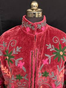 Designer Pink <b>Velvet</b> Embroidered <b>Jacket</b> Floral Kashmiri Style Winter Coat High Neck Boho Cardigan <b>Women</b> Outerwear Wear - Product Image 2
