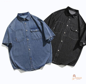 Camisa de mezclilla de manga corta para hombre, corte holgado, cuello vuelto, color liso con bolsillos, ropa informal de verano - Product Image 1