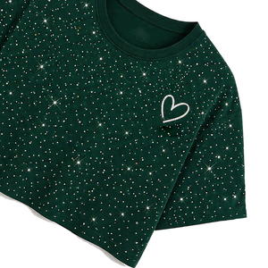 Wholesale Women All Over Rhinestone Crop T Shirt Glitter Heart Casual Streetwear Summer Fashion Top Supplier - Product Image 4