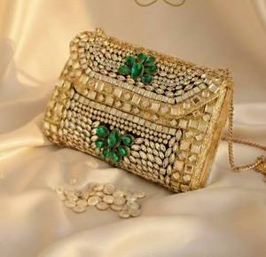 AL MALIK CRAFT Gold Plated Embroidered <b>Clutch</b> <b>Bag</b> with <b>Green</b> Stone Flower Design <b>for</b> <b>Wedding</b> Party Made in Uttar Pradesh - Product Image 1
