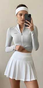 ONETEN APPARELS Women Long Sleeve Zip-Up Crop <b>Top</b> High Waist Pleated Mini <b>Skirt</b> Sporty Fitted Solid <b>White</b> Casual Dress - Product Image 4