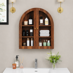 Modern Teak Wood Bathroom Storage <b>Cabinet</b> with Glass <b>Display</b> - Product Image 1