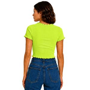 <b>Lime</b> <b>Green</b> Ribbed Crop Top Women Short Sleeve Lettuce Trim Crew Neck Cotton Spandex Slim Fit Casual Summer T Shirt Custom OEM - Product Image 2