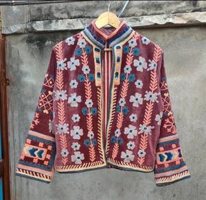 Blazer en velours pour femme, vintage, respirant, écologique, col montant, manches longues, veste d'automne, artisanal, rose, gris, Suzani - Product Image 3