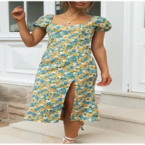 Summer New Elegant Slim Floral Print <b>A</b>-<b>Line</b> Midi <b>Dress</b> Casual with Sweetheart Neck <b>Pattern</b> Decoration Side Slit Lantern Sleeves - Product Image 1