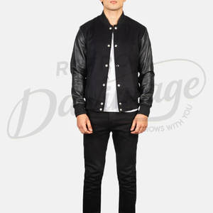Chaqueta Varsity Negra de Lana para Hombre, Mangas de Cuero Genuino, Cierre de Botones a Presión, Puños Acanalados, Chaqueta Casual Premium de Dos Tonos - Product Image 3