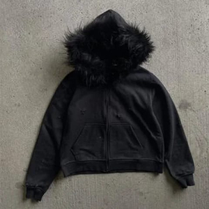 Men's Solid Black Hooded Fleece Hoodie with Faux <b>Fur</b> Trim Windproof Eco-Friendly Breathable Casual Winter Regular Fit - Product Image 1