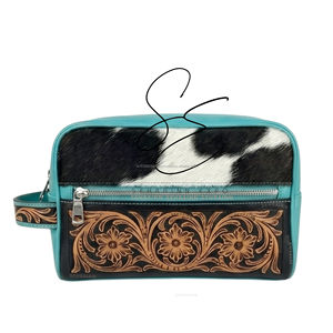 Bolsa de Cosméticos de Cuero Turquesa con Diseño Repujado, Estuche de Maquillaje de Piel con Pelo, Organizador de Viaje Estilo Vaquero Occidental, Neceser - Product Image 2