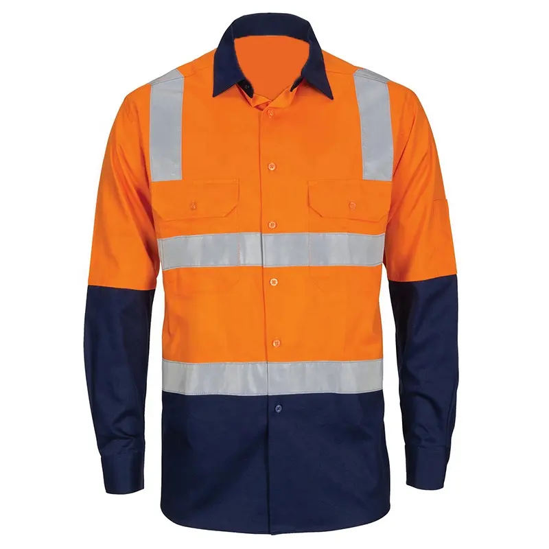 Camicia da lavoro australiana in cotone ad alta visibilità Cool Breeze con nastro generico manica lunga