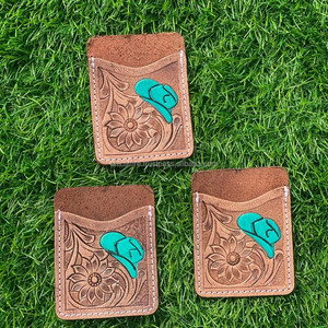 Tarjetero de sombrero de vaquero turquesa de cuero con herramientas a mano de moda occidental para mujer, tarjetero de cuero genuino personalizado con flores - Product Image 5