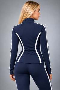 Women's Sporty Zip-Up <b>Jacket</b> With <b>White</b> Stripes Stand Collar Knitted Polyester Breathable Long Sleeve - Product Image 4