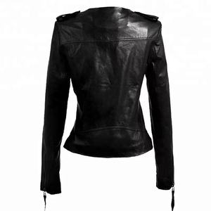 Veste de moto en cuir de vache pour femme, coupe-vent, manches longues, col rabattable, fermeture éclair, couleur unie, longueur normale, style hiver - Product Image 3