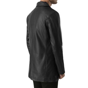 <b>Men's</b> Long Genuine Cowhide <b>Leather</b> <b>Trench</b> <b>Coat</b> Shirt Collar Black Overcoat - Product Image 4