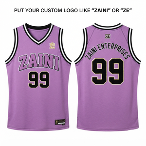 เสื้อบาสเก็ตบอลผู้ชายแบบสั่งทำพิเศษ 180 GSM ผ้าโพลีเอสเตอร์ตาข่ายระบายอากาศคุณภาพพรีเมียม สีม่วง ดำ ขาว ปักลายโลโก้ด้วยเทคนิค Tackle Twill - Product Image 1