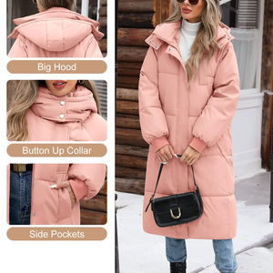 Abrigo largo acolchado con capucha para mujer, rosa, grueso, cálido, de invierno, con capucha desmontable y cremallera. - Product Image 6