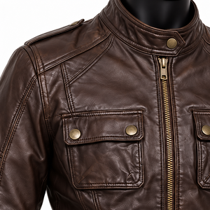 Chaqueta Bomber de Cuero Marrón para Hombre, Cuello Camisero, Cierre de Cremallera, Dos Bolsillos, Corte Ajustado, Manga Regular, Invierno, Ecológica, Casual - Product Image 4