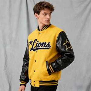 Blouson universitaire homme jaune et noir en laine avec manches en PU, patch étoile, style baseball, bordure côtelée rayée, fermeture à boutons-pression – Vente en gros - Product Image 4