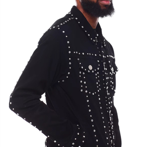 Veste en jean pour homme avec strass, col montant et logo personnalisable sur le devant, idéale pour les fêtes et le streetwear - Product Image 4