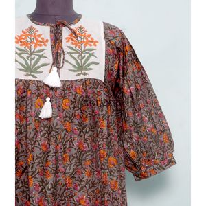 Summer Boho A-Line Midi <b>Dresses</b> 2-Piece Sweet Floral Printed 100% Cotton V-neck Tassel Casual Loose Short Sleeves Natural - Product Image 3