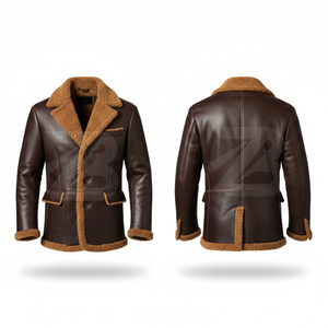 Men's Brown Genuine <b>Leather</b> Motorcycle <b>Jacket</b> Sherpa Lining Stand Collar Windproof Reversible Eco-Friendly High Street <b>Winter</b> - Product Image 1