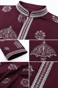 <b>Men</b> Ethnic Maroon Embroidered Cotton Kurta <b>Pyjama</b> Set Wedding Wear Designer Long Kurta Indian Pakistani Traditional Suit - Product Image 6