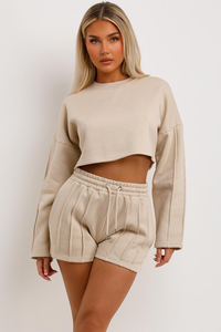 Women Beige 2 Piece <b>Tracksuit</b> Set Cropped Sweatshirt Shorts Full Sleeve Crew Neck Solid Color Side Pockets set - Product Image 5
