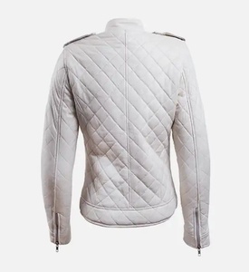 Women's White <b>Quilted</b> Motorcycle <b>Jacket</b> Full Sleeve Mandarin Collar Zipper Closure Regular Length Solid <b>Pattern</b> Anti-UV Leather - Product Image 3