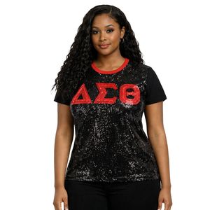 Maglietta Nera con Paillettes Delta Sigma Theta per Donne, Vestibilità Comoda, Tessuto Premium, Abbigliamento Casual per Confraternite Greche - Product Image 1