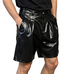 Men's Black PU Coated Bermuda Shorts High Waist Button Fly Embossed Pattern With Pockets Street Style - Product Image 2