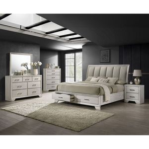 Cama King Size Ultra Acolchada con Plataforma de Almacenamiento, Acabado Blanco Niebla, Cabecera Tapizada de Madera Sólida, Dos Cajones de Almacenamiento en el Pie de Cama, 1 Pieza - Product Image 5