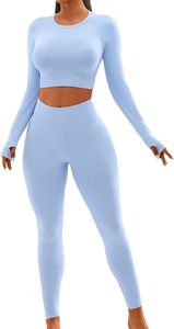 Ensemble de yoga sans couture pour femme : Leggings taille haute pleine longueur et haut à manches longues, couleur unie, extensible, tenue de sport avec découpes - Product Image 6