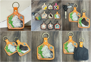 New RTS Hand <b>Tooled</b> <b>Leather</b> Cowhide Keychain Floral Cactus Design Western Key Fob Rustic Car Key Holder Gift for Women's & Men's - Product Image 3