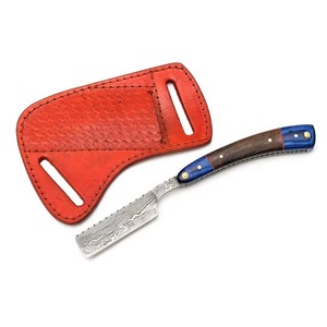Navaja de afeitar recta de acero de Damasco forjada a mano con funda de cuero, cuchillo de afeitar vintage con mango de madera, navaja de barbero de cuchilla fija - Product Image 5