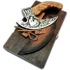 Burraq Hache à pizza artisanale en acier au carbone, manche en bois de rose, étui en cuir, lame de 9 pouces, pour bricolage, usage industriel, camping, Fête des Pères - Product Image 1