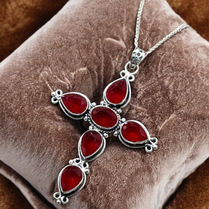 Colgante de Cruz hecho a mano de Plata de Ley 925 con piedras preciosas de ónix rojo forma ovalada y pera 10x14mm colgante para mujeres y hombres - Product Image 4