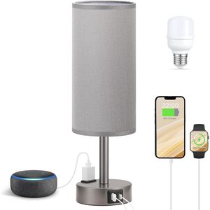 Lámpara Táctil Gris de 3 Intensidades Regulables para Mesa de Noche, con Puerto USB-C y Enchufe de CA, Ideal para Dormitorio o Sala Pequeña - Product Image 1